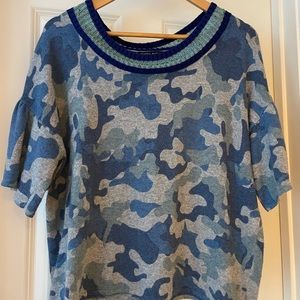 Central Park West blue camo metallic short sleeve sweater